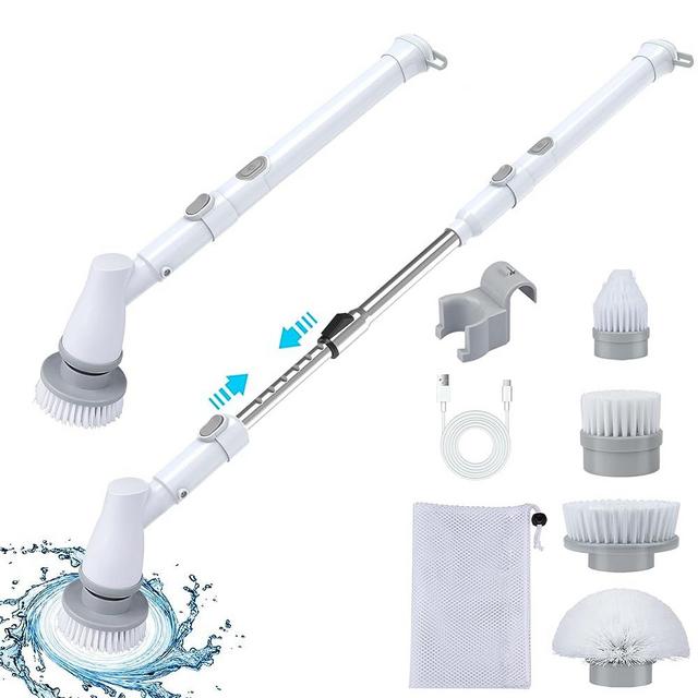 Electric Spin Scrubber, Cordless Electric Mop Cleaning Brush with 2 Speeds & 4 Replacement Brush Head, Shower Scrubber with Adjustable Extension Arm, Shower Cleaning Brush for Bathtub Tile Grout Floor