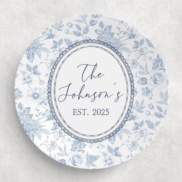 Custom Blue Toile de Jouy Platter Personalized Mr. and Mrs. Wedding Gift Rustic Family Name Plate Unique Gift Bride and Groom Bridal Shower