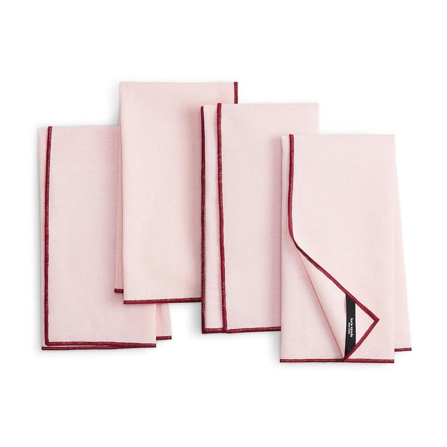 Kate Spade New York Garden Party Embroidered Edge Napkins 4-Pack Set, Cotton-Linen Machine Washable, Pink/Rose Pink, 20"x20"