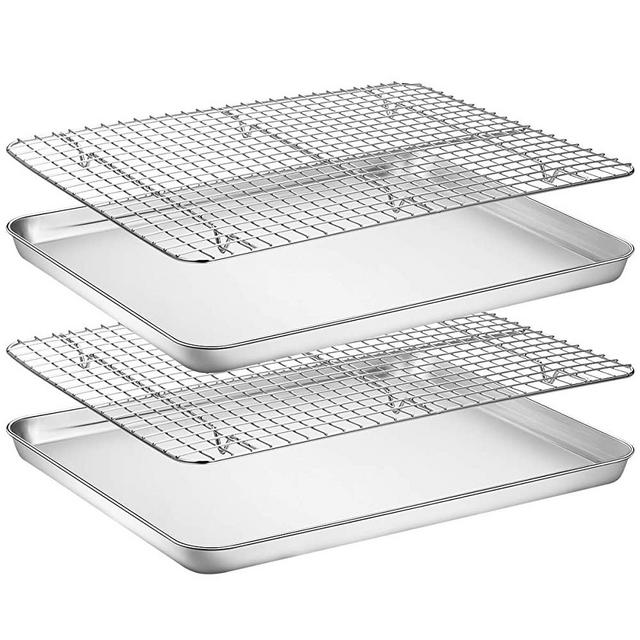 Baking Sheet with Rack Set [2 Pans + 2 Racks], Wildone Stainless Steel Cookie Sheet Baking Pan Tray with Cooling Rack, Size 18 x 13 x 1 Inch, Non Toxic & Heavy Duty & Easy Clean