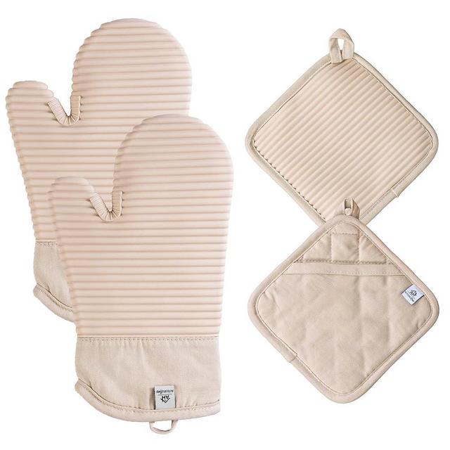Ribbed Silicone Oven Mitts and Pot Holders Sets | Heat Resistant Silicone Hot Pads & Kitchen Mittens Accessories for Baking | Pair of Oven Gloves & Potholders for Kitchens | Milkshake