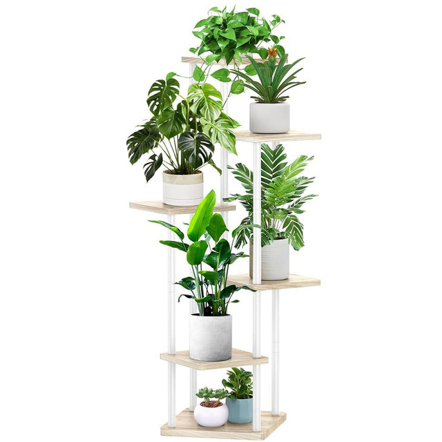YOCOMEY 6 Tier Plant Stand Indoor, Thickened Metal Wood Corner Plant Shelf Stands for Multiple Plants, Indoor Tall Plants Stand Tiered Flower Holder for Living Room Patio Garden Balcony(White+Oak)