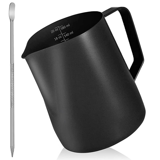 Milk Frothing Pitcher 20 OZ/600ML, Milk Steaming Pitcher with Non-Stick Coating, Stainless Steel Espresso Pitcher for Coffee Latte Art, Milk Steamer Jug with Coffee Art Pen, Metal Milk Frother Cup