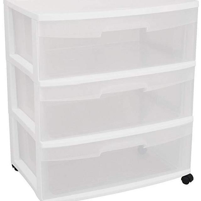Sterilite 29308001 Wide 3 Drawer Cart, White Frame with Clear Drawers and Black Casters, 1-Pack
