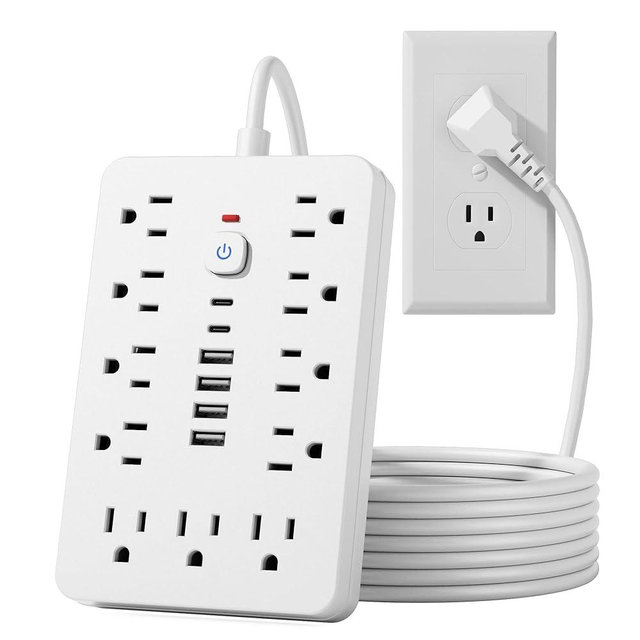 JouleLoom 15 FT Flat Plug Surge Protector Power Strip,11 Multiple AC Outlets with 6 USB Ports (2 USB C), 15 Feet Extension Cord, 1250W/10A, One Touch Switch Button, White