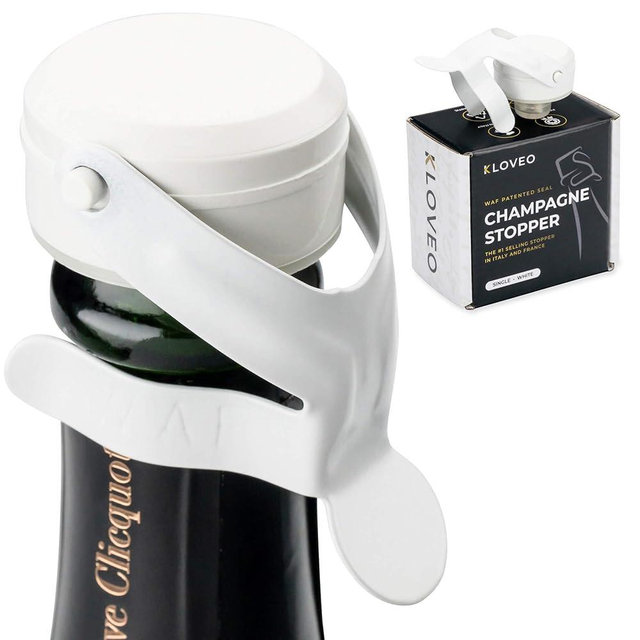 KLOVEO White Champagne Stopper - Made in Italy - Patented Seal - Durable Plastic WAF Bottle Stopper for Sparkling Wine, Prosecco, Cava