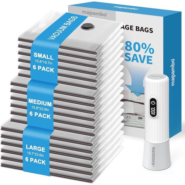Mapambo Travel Vacuum Bags with -60000Pa LED Electric Pump, 18 Pack Vacuum Seal Bags for Clothing Travel in 3 Combo sizes, Space Saver Vacuum Storage Bags, Saving up to 80% of Space (18 Combo)