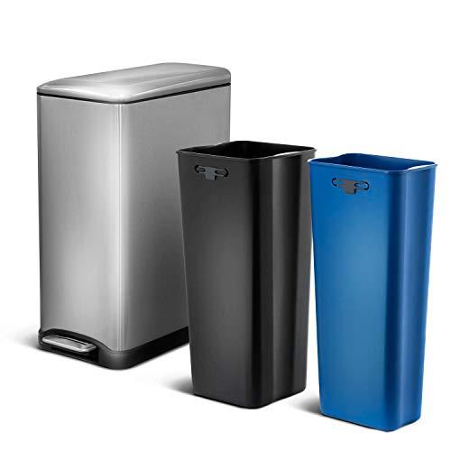 Home Zone Living VA41833A 50 Liter / 13 Gallon Stainless Steel Dual Compartment Recycle Trash Can, Rectangular, Pedal, 50L Recyle Bin, Silver