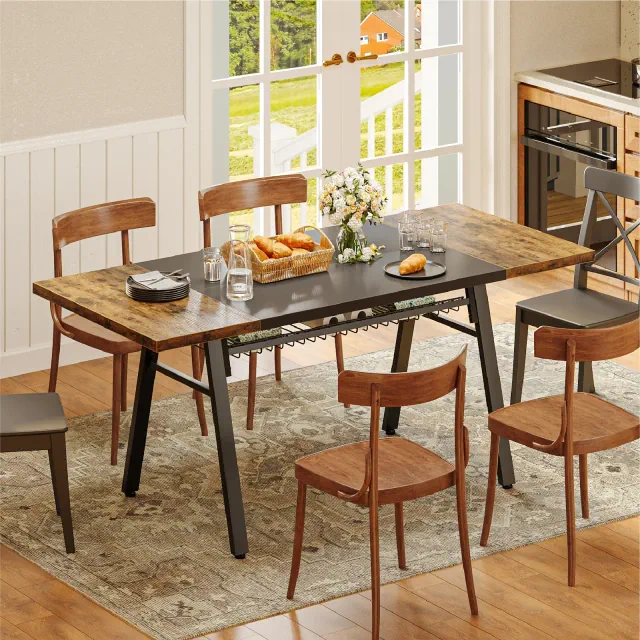 Bestier 70'' Rectangular Dining Table with Basket Storage Wooden Kitchen Table with Sturdy Metal Legs, Rustic Brown