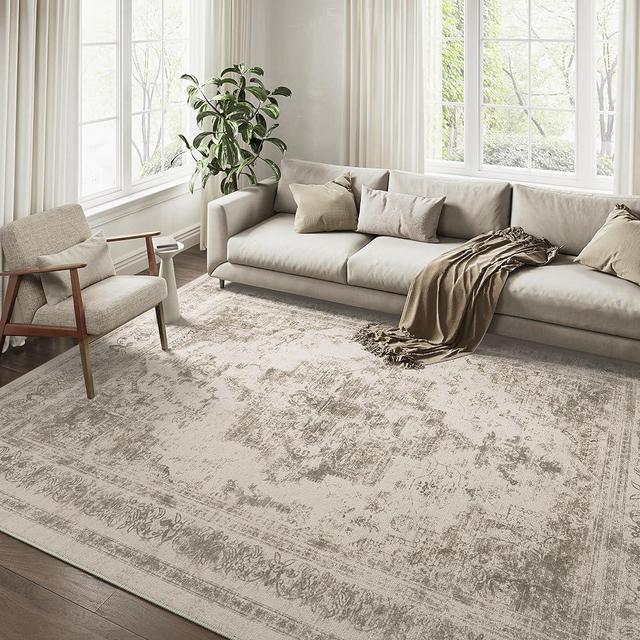 PureCozy Vintage Area Rug 6x9 Indoor Bedroom Rug Taupe Medallion Washable Living Room Carpet Retro Accent Throw Rug Distressed Rug for Office Dining Room Nursery