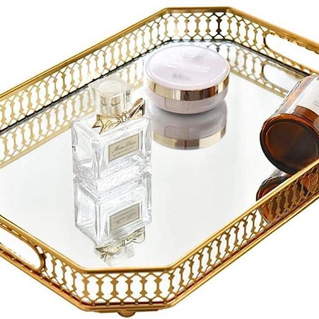 Mirror Tray, Perfume Tray, Vanity Makeup Decorative Jewelry Tray with Metal for Dresser Bathroom Bedroom Countertop Organizer, Large Size 13.8" X 9.6", Gold