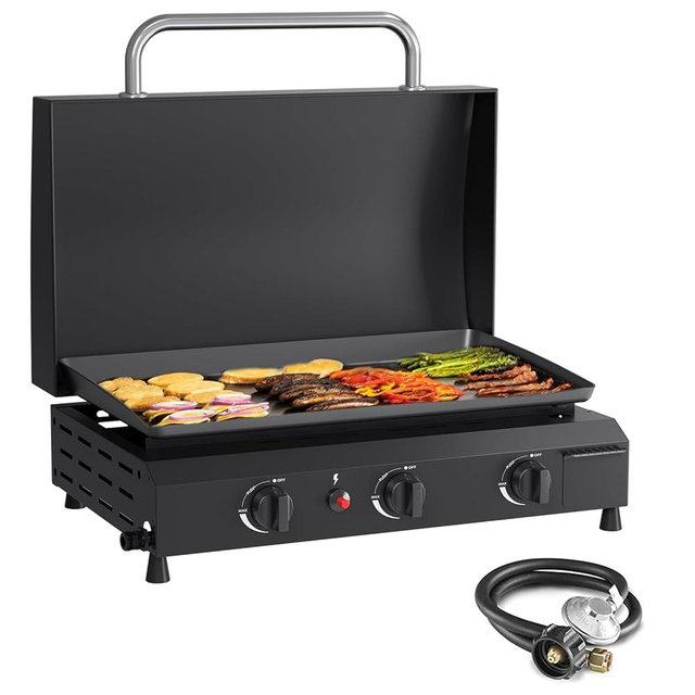 SKOK 3 Burner Gas Griddle with Hood- 23.3 Inch Outdoor Propane Griddle-45000 BTU Propane Fuelled, Portable Flat Top Gas Grill Camping Griddle with Lid for Kitchen, Outdoor BBQ, Camping