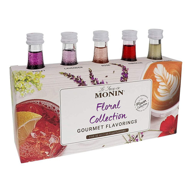 Monin - Gourmet Flavorings Floral Collection, Great for Cocktails, Lemonades, Teas, & Sodas, Gluten-Free, Dairy-Free, Vegan (Violet, Lavender, Rose, Hibiscus, & Elderflower) | 50 ml Per Bottle