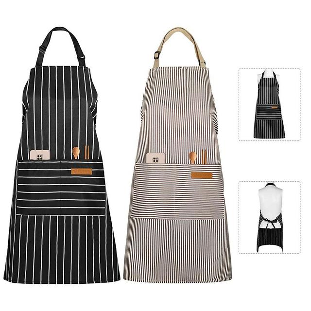 ORNOOU Aprons for Women and Men 2 Pack Kitchen Cooking Apron with 2 Pockets, Adjustable Bib Soft Chef Apron for Cooking, Serving - Black/Brown Pinstripe - 2 Pcs