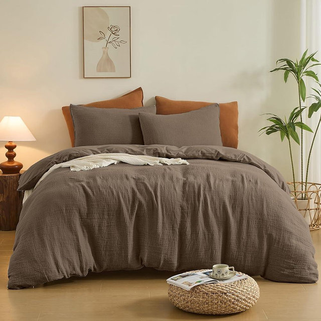 Simple&Opulence Linen Muslin Duvet Cover Set Queen Size, 3Pcs Brown Linen Cotton 3-Layer Gauze Minimalist Comforter Cover 88”x92”, Ultra Soft Breathable Seersucker Bedding Set with 2 Pillowcases