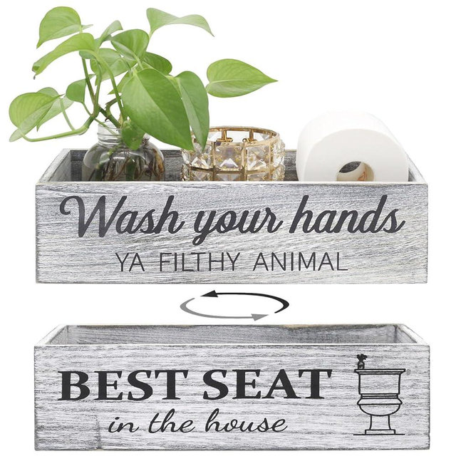 CuffUp Rustic Farmhouse Bathroom Decor Box, Toilet Paper Basket with 2 Sides Signs, Gray-wash Your Hands