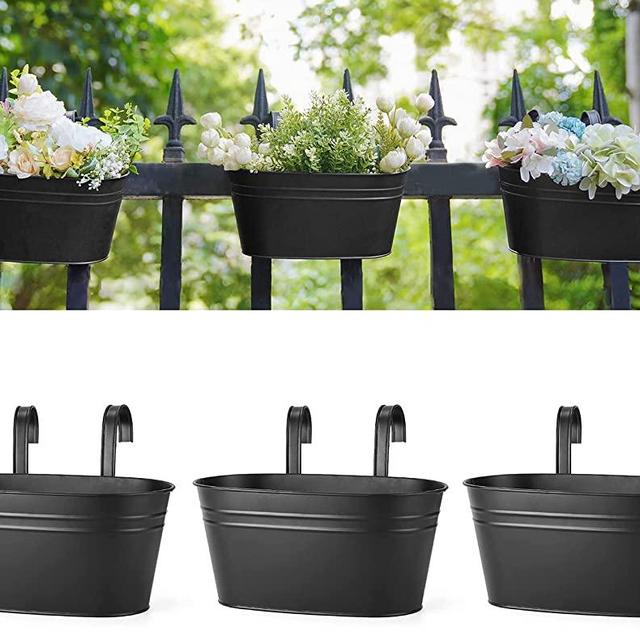 Dahey Metal Iron Hanging Flower Pots for Railing Fence Hanging Bucket Pots Countryside Style Window Flower Plant Holder with Detachable Hooks Home Decor,Black,3 Pcs