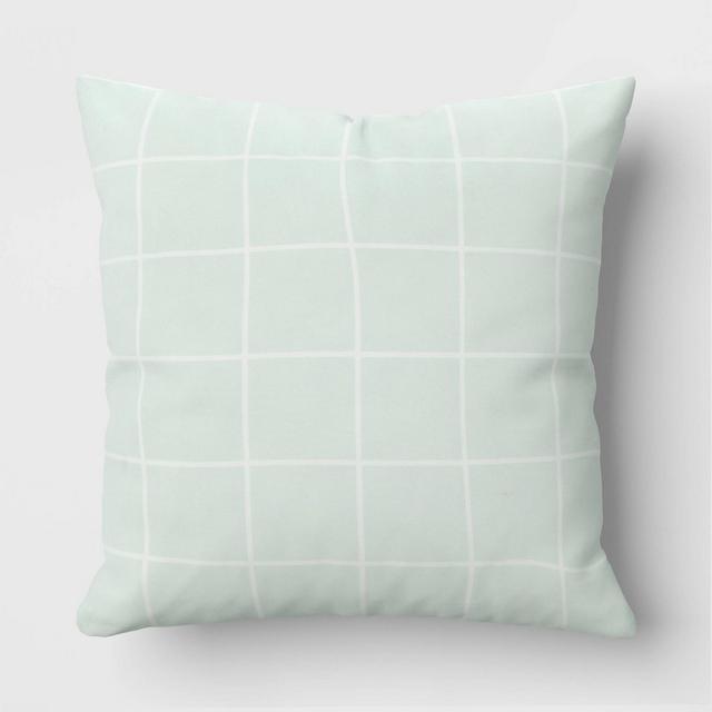 17"x17" Grid Square Outdoor Throw Pillow Mint Green - Room Essentials™: UV & Water-Resistant, Recycled Fabric