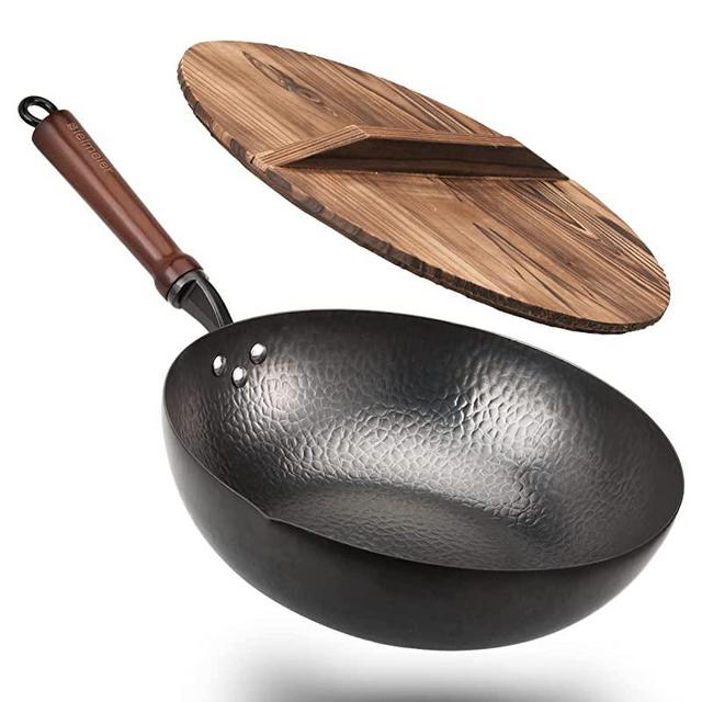 Bielmeier 12.5" Wok Pan, Woks and Stir Fry Pans, Carbon Steel Wok , Flat Bottom Wok with Lid Suits for all Stoves