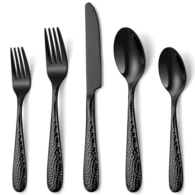 Hammered Black Silverware Set, EUIRIO 40-Piece Flatware Set for 8, Heavy Duty Stainless Steel Cutlery Set, Food-Grade Utensil Sets Includes Spoons Forks and Knives, Mirror Finish Dishwasher Safe