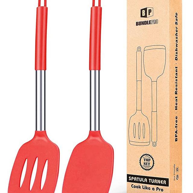 Pack of 2 Silicone Solid Turner ,Non Stick Slotted Kitchen Spatulas ,High Heat Resistant BPA Free Cooking Utensils ,Ideal Cookware for Fish ,Eggs ,Pancakes (Red)