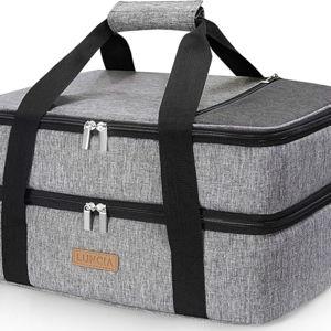LUNCIA Insulated Double Decker Casserole Carrier, Lasagna Lugger Tote Keeps Food Hot or Cold, Thermal Lunch Bag for Potluck Parties, Picnic and Cookouts, Fits 9" x 13" Baking Dish, Grey