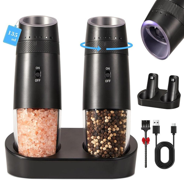 Upgraded Larger Capacity Electric Salt and Pepper Grinder Set, Rechargeable Salt and Pepper Shakers with Rechargeable Base, Auto Salt Grinder with External Adjustment & LED lights