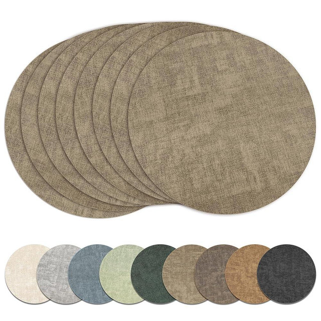 13" Round Placemats Set of 8, Reversible Faux Leather Heat Resistant Table Mats, Waterproof Oilproof Wipeable Table Protective Placemats for Vinyl, Washable for Indoor & Outdoor Use (8, Light Coffee)