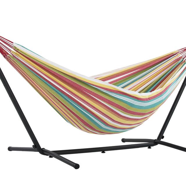Vivere Double Hammock with Space Saving Steel Stand, Salsa