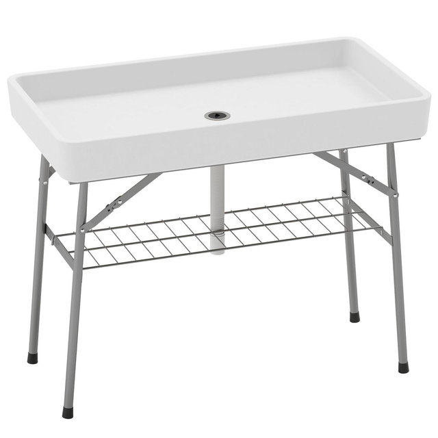 Outsunny 3.4ft Folding Ice Cooler Table with Drain, Fill and Chill Table with Storage Shelf, Drink Cooler for Parties Picnic BBQ Camping Wedding White