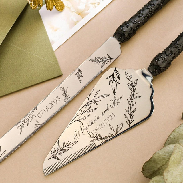 Engraved Cake Server Set Black Gothic Wedding shower gift Cake Knife set Personalized Cake Cutting Set 25th Anniversary Wedding cutting set
