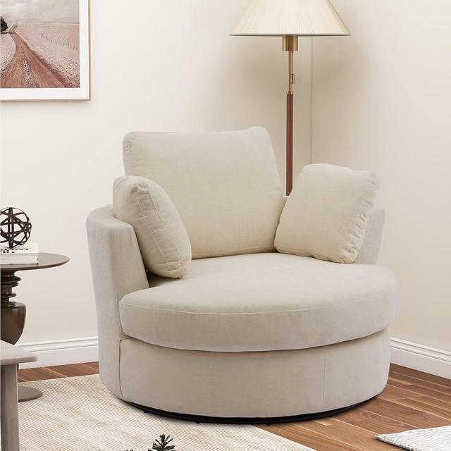 Oversized Swivel Accent Round Chair Modern Chenille Upholstered Sofa Chair with 3 Pillow 360 Swivel Lounge Chair Cozy Club Leisure Chair for Living Room Bedroom Home Office (Chenille Beige)