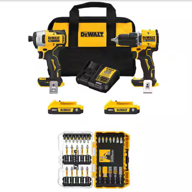 DEWALT ATOMIC 20V MAX Lithium-Ion Cordless Combo Kit (2-Tool) & 1/4 in. Bit Set (30-Piece) w/ (2) 2Ah Batteries, Charger & Bag DCK225D1W30SET