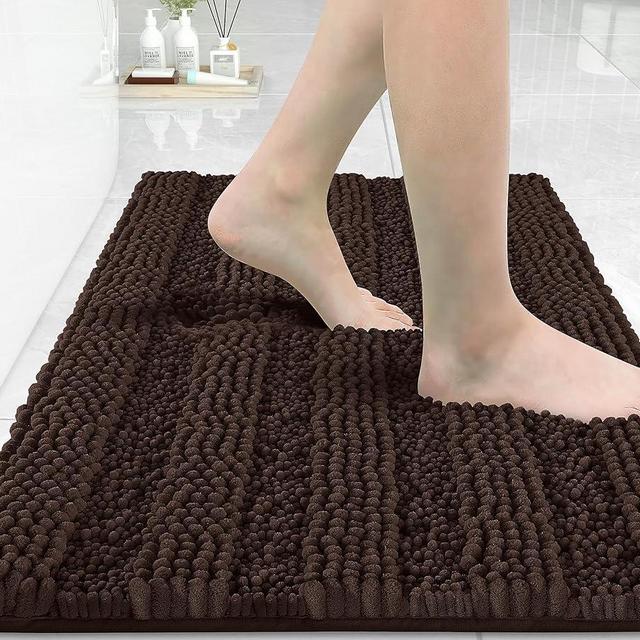 Yimobra Bathroom Rug Mat 32 x 20, Non Slip and Super Absorbent Bath Mat,Machine Washable Quick Dry,Ultra Plush Chenille Shower Rugs for Bathroom Floor Sink Tub and Shower Outside,Brown