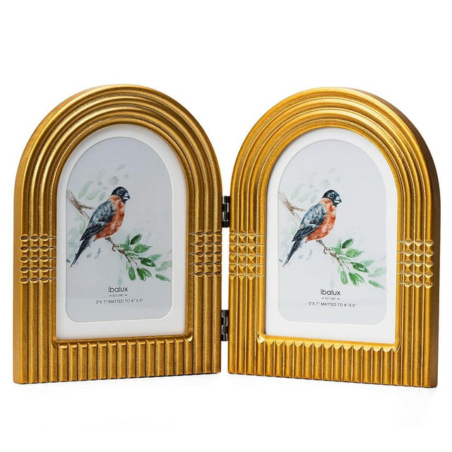 ibalux 5x7 Double Hinged Picture Frame, Arched Photo Frame, Engineered Wood with Real Glass, Matted to 4x6, Vertical Format for Tabletop or Desktop Display, Vintage Antique Gold