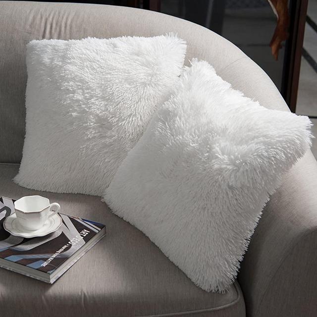 NordECO HOME Luxury Soft Faux Fur Fleece Cushion Cover Pillowcase Decorative Throw Pillows Covers, No Pillow Insert, 20" x 20" Inch, White, 2 Pack