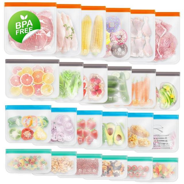 Reusable Freezer Bags, Extra-thick Leakproof Gallon Vegetable Snack Sandwich Bags, BPA Free Silicone Bags for Food Storage,Travel, Home Organization(24 Pack - 6 Extra Large,6 Large,6 Medium,6 Small)