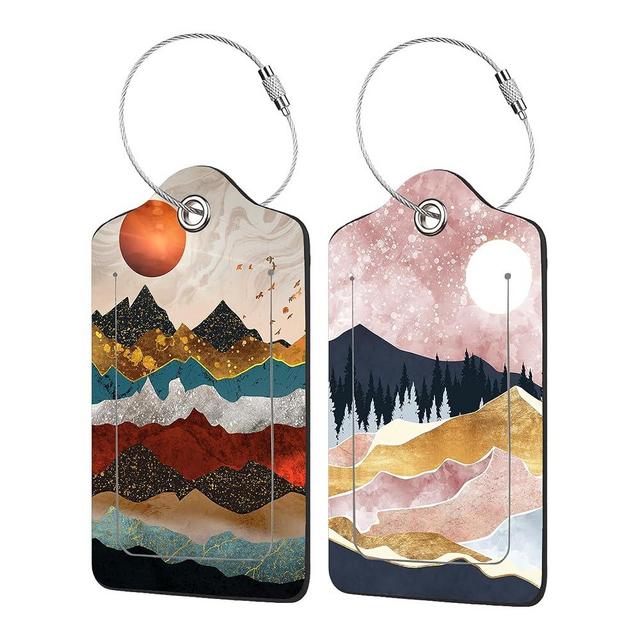 EOBKLAX 2 Pack Golden Mountains Luggage Tag for Suitcases Colorful Mountains PU Leather Bag Travel Suitcase ID Identifier Baggage Tags for Women Men Travel