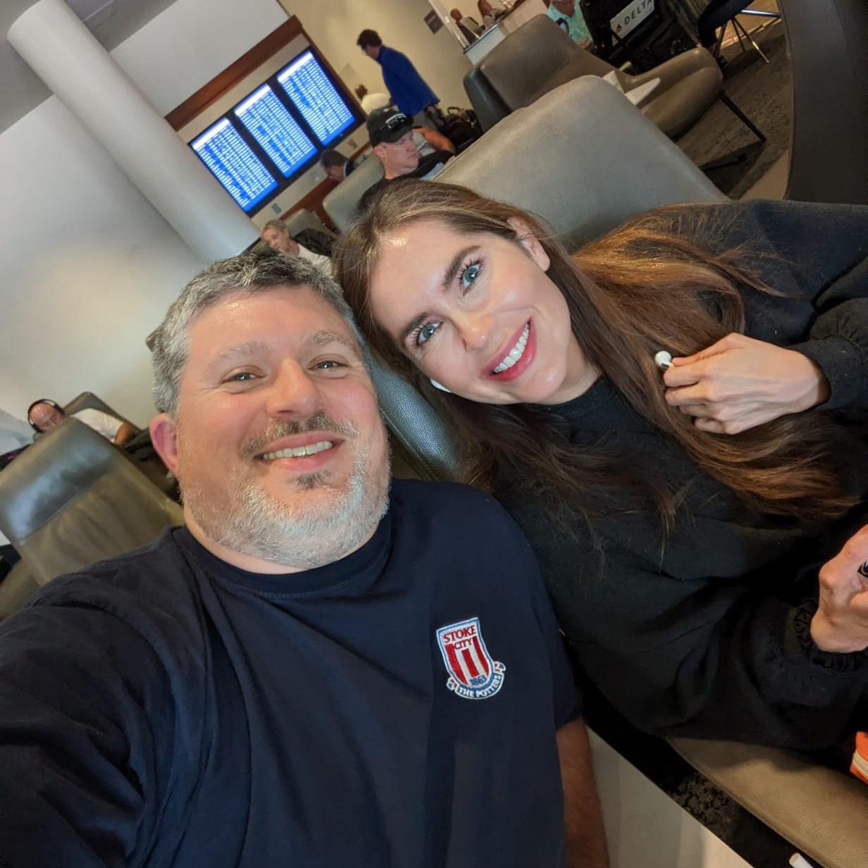 On our way to England to see Simon's family and friends back home for the first time. Simon introduced Sarah to the Delta Sky Lounge. She can never go back to gate living again.