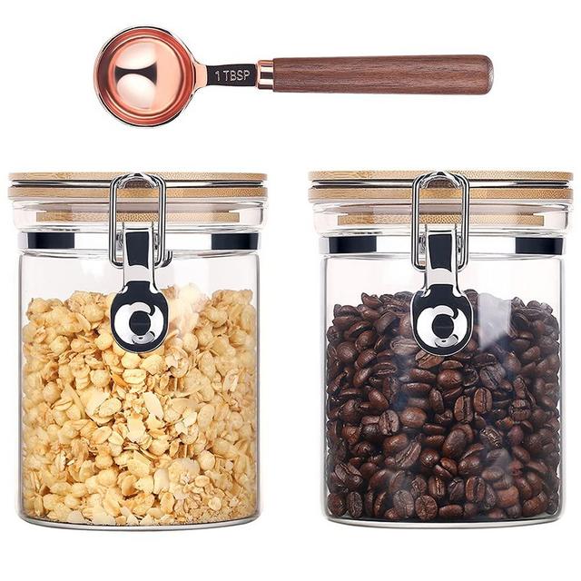 Kebert Clear Glass Storage Containers with Airtight Locking Clamp Bamboo Lids, Glass Food Storage Jars for Kitchen Coffee Bean Nuts Sugar Candy, Glass Sealed Containers with Spoon,27oz X 2 Pieces