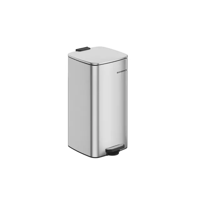 SONGMICS Trash Can, 8-Gallon Trash Bin, Stainless Steel Kitchen Garbage Can, with Inner Bucket, Soft Close and Stays Open, Metallic Silver