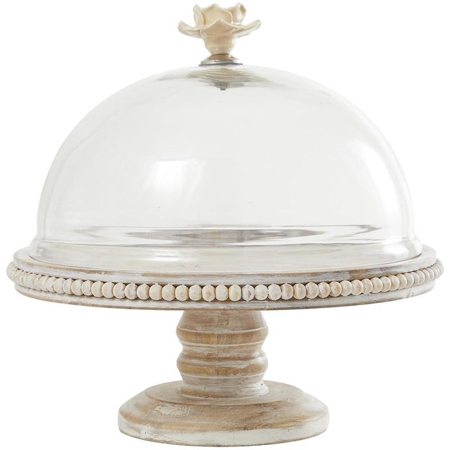 Deco 79 Mango Wood Decorative Cake Stand Cake Plate with Glass Dome, Stand 12" x 12" x 12", Cream