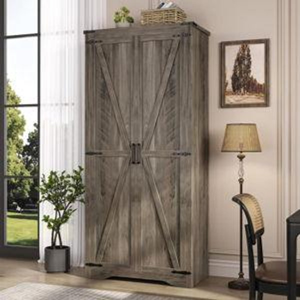 FiveWillowise Tall Storage Cabinet with Adjustable Shelves, Farmhouse Pantry Organize with 2 Barn Doors, Large Freestanding Cabinet for Kitchen, Garage, Basement, Living, Utility Room, Grey