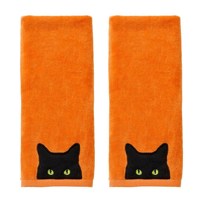 SKL Home Halloween Shadows Eyes 100% Cotton Embroidered 2pc Hand Towel Set, Decorative for Bath/Kitchen/Bar & Gift, Orange