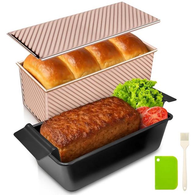 Dipanist Pullman Loaf Pan with Lid + Non-Stick Meatloaf Pan with Draining Insert, Carbon Steel Bakeware with Scraper & Brush, 2LB Baking Pans for Homemade Bread & Meatloaf