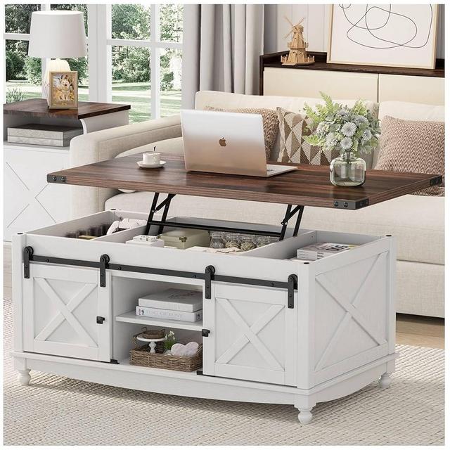 ALLSTAND 48" Farmhouse Lift Top Coffee Table with Storage Sliding Barn Door & Large Hidden Compartment, Coffee Table with Lifting Top with Wooden Lift Tabletop, Storage Coffee Table for Living Room