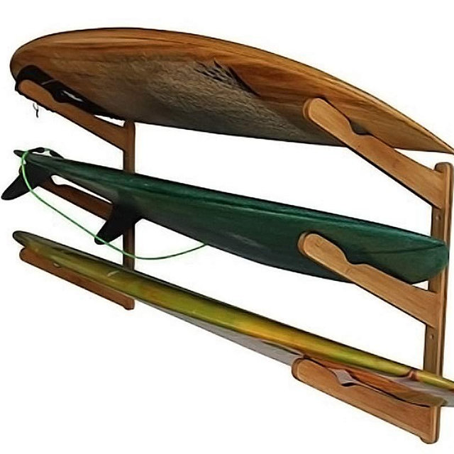 COR Surf Wooden Surfboard Wall Mount for Surf Boards, Snowboards, Skateboards, Kiteboards and Wakeboards, Triple Tier Surf Board Display Holder, Made of Sustainable Bamboo (24 x 4 x 4 Inches)