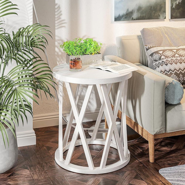 COZAYH Rustic Farmhouse End Table, Small Round Side Table with X-Motifs Legs, Wood Textured Top, for Boho, French Country Decor, Antique White