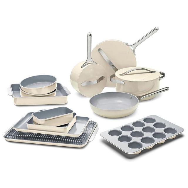 Caraway 23-Piece Nonstick Ceramic Cookware & Bakeware Set – Pots, Frying Pans, Lids, Baking Sheets, Pans, Cooling Rack & Storage – Oven Safe, Non-Toxic – Compatible with All Stovetops - Cream