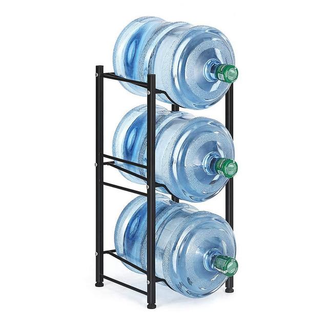 Water Jug Holder Rack Detachable Stainless Steel, 3-Tier Water Storage Chrome Shelves Organizer for 5 Gallon Water Bottle Dispenser Stand Heavy Duty Stackable for Office Kitchen Lobby Foyer, Black